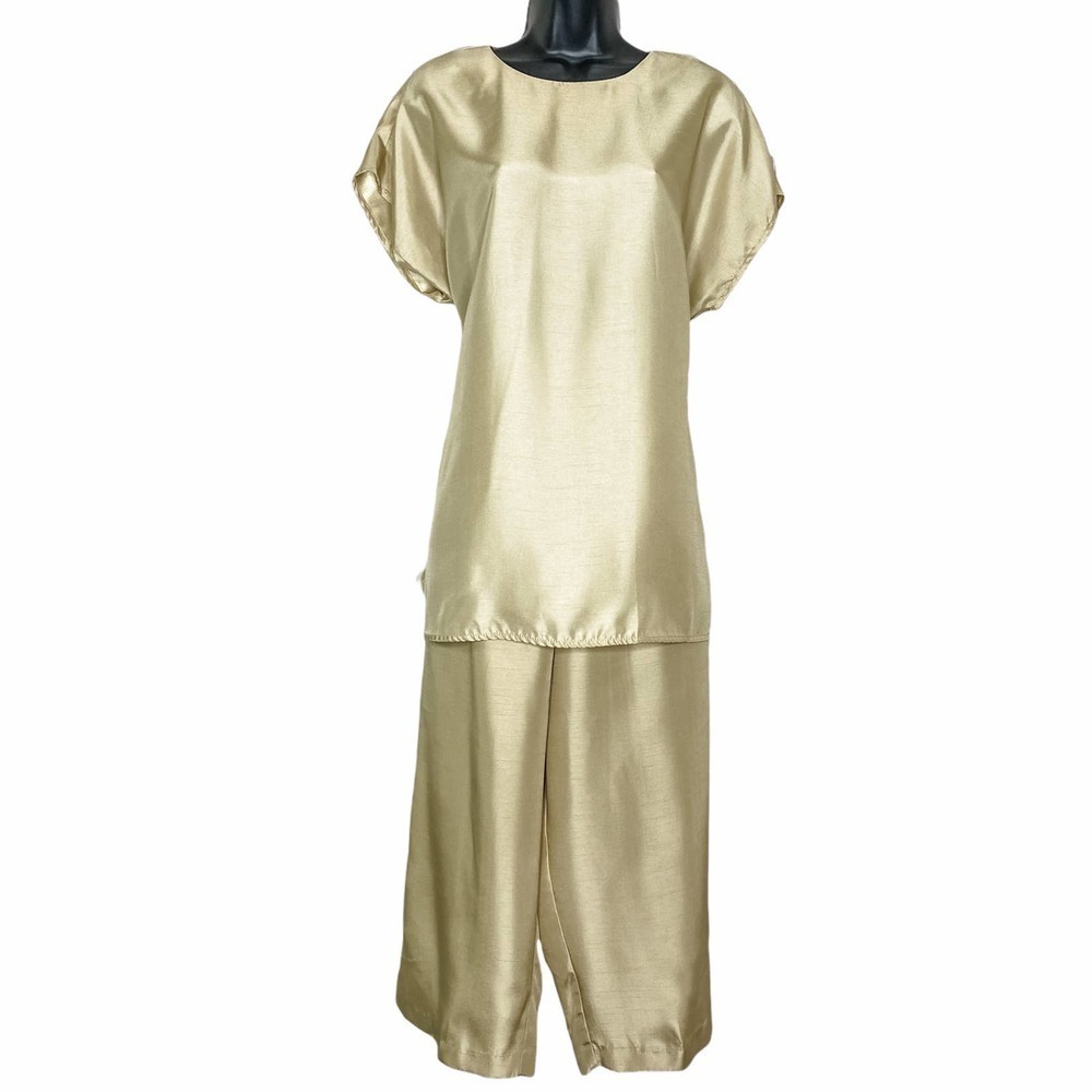 MAGGIE Sweet Champagne Colored Short Sleeve Satin Pajama Top & Bottom Set - Picture 2 of 13